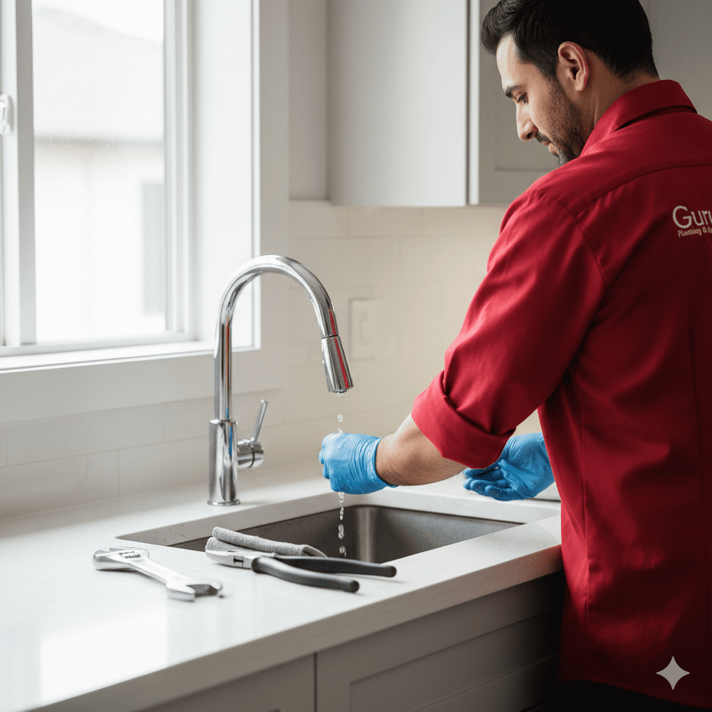 Professional Surrey plumber inspecting a leaky kitchen faucet during faucet repair service in a residential home